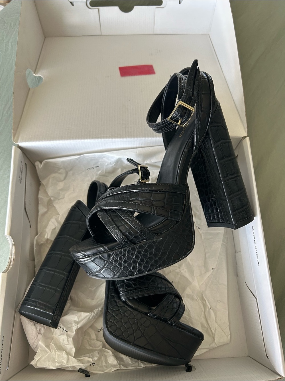 Aldo Black Croc-Embossed Platform Block Heels